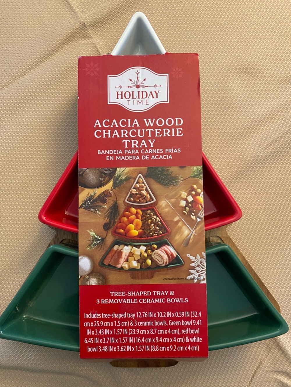 Holiday Time Tree-Shaped Charcuterie Tray with Red, Green, White Ceramic Bowls